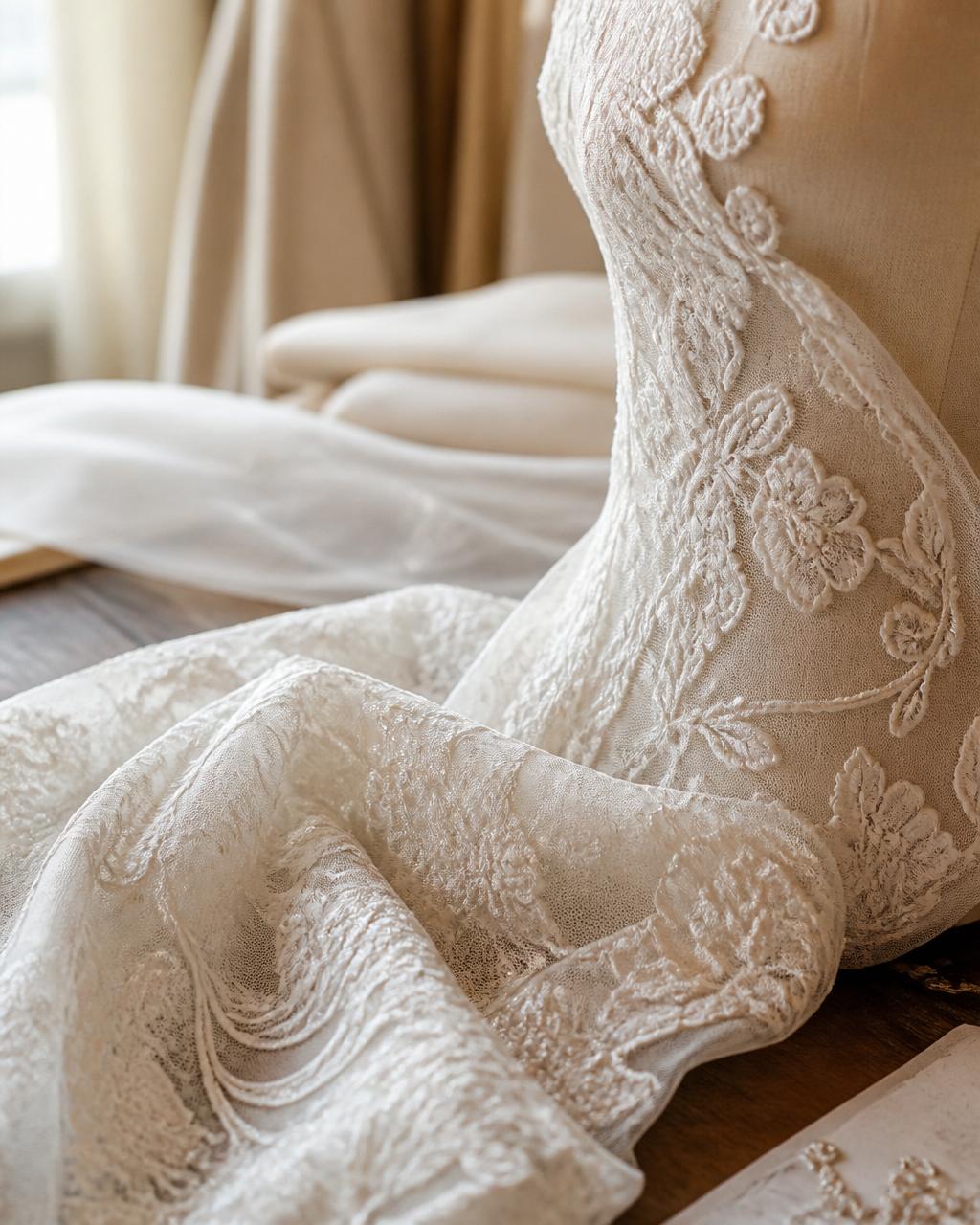 Intricate bridal lace and handwork detail in an elegant workshop